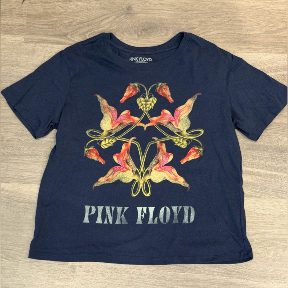 Pink Floyd Floral Graphic Tee — Navy Blue Band Shirt L